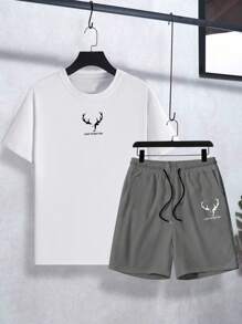 Manfinity Homme 2 件男士休闲圆领短袖 T 恤和抽绳短裤套装 - 彩色 - 查看 2