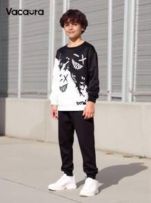 Tween Boys Funny Smiling Face Print Hoodie Set, Suitable For Street Wear And Theme Parties Chic Outfits For Autumn/Winter Fall