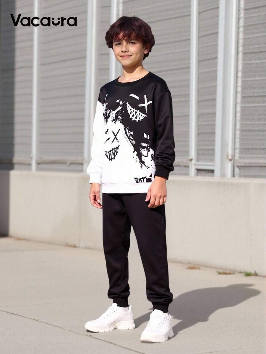 Tween Boys Funny Smiling Face Print Hoodie Set, Suitable For Street Wear And Theme Parties Chic Outfits For Autumn/Winter Fall