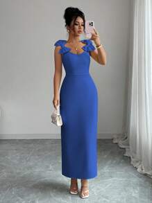 Elenzga 女士优雅无袖长裙，蝴蝶结装饰，休闲通勤、度假、下午茶、派对，纯色，法式浪漫西西里风格，春夏 - 寶藍色 - 查看 3