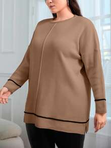 EURMUSE Suéter con mangas de murciélago y ribete de contraste en talla grande - Camel - Ver 5