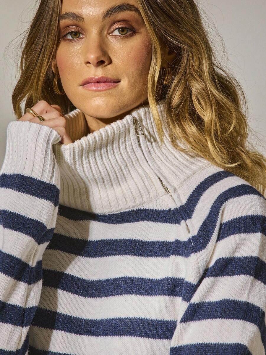 Aralina 冬季/秋季条纹立领拉链毛衣返校女士针织条纹套头衫教师 - 藍白色 - 查看 1