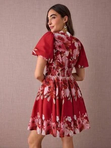 Enchnt 秋冬浪漫女式波西米亚风亚麻红色花卉印花 V 领短袖束腰迷你连衣裙 - 紅色 - 查看 7