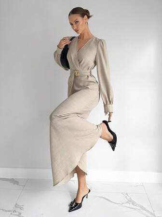 Siren Gaze Ny höstklänning med åtsittande midja för kvinnor Långärmad elegant klänning Beige klänningar Dam Långärmad klänning för kvinnor Lyxklänning för kvinnor Neutral elegant klänning