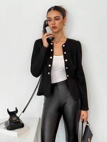 SHEIN Tall Lady Suede Black Button Detail Open Front Jacket Professional Clothes Women In Fall/Winter - Black - View 9