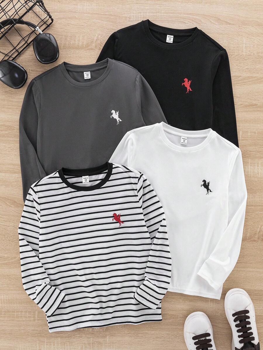 SHEIN 男童休闲条纹骑士图案长袖T恤四件套,适合儿童圣诞节、冬季、秋季穿着,所有童装 - 黑色 - 查看 1