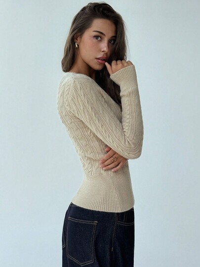 Aloruh New Fashionable Deep V-Neck Long Sleeve Fitted Vintage Cable Knit Pullover Sweater, Versatile Knit Top For Young Women In Fall/Winter
