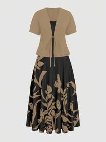 SHEIN Clasi 加大码女式花卉印花吊带背心连衣裙，带伞状下摆和短袖系带前夹克优雅套装 - 卡其色 - 查看 3