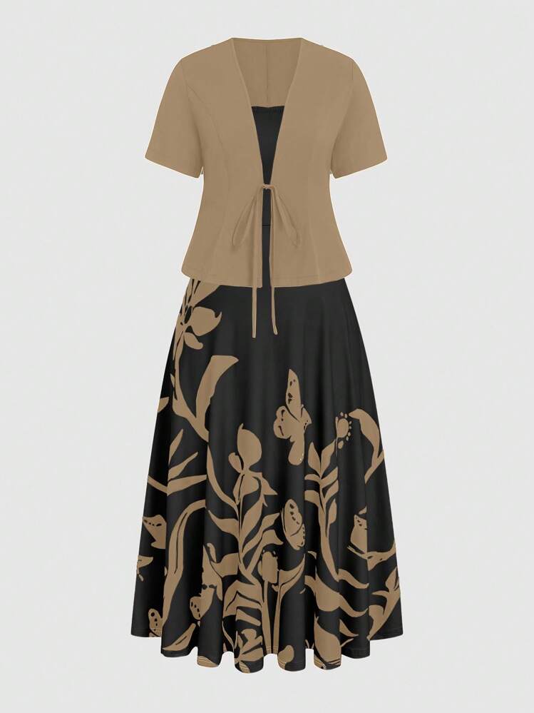 SHEIN Clasi 加大码女式花卉印花吊带背心连衣裙，带伞状下摆和短袖系带前夹克优雅套装 - 卡其色 - 查看 3