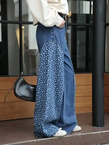 K-Vae Women's Autumn And Winter Small Floral Print Patchwork Jeans, Retro Country Style,Alloween Costumes,Chic Autumn