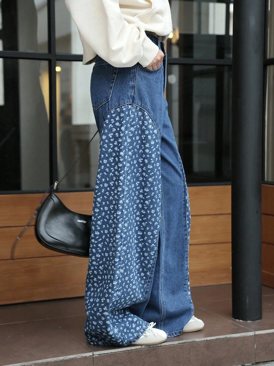 K-Vae Women's Autumn And Winter Small Floral Print Patchwork Jeans, Retro Country Style,Alloween Costumes,Chic Autumn