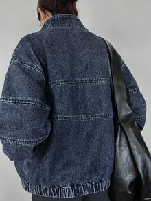 FRIFUL 女式落肩长袖前拉链宽松休闲牛仔夹克超大牛仔夹克女式牛仔夹克拉链牛仔夹克牛仔飞行员夹克女式牛仔裤 - 藍色 - 查看 3