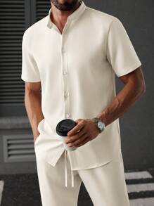 Manfinity CasualCool Bộ đồ nam mùa hè màu trơn, tay ngắn cài khuy đơn và quần âu, bộ đồ đa năng cho nam, áo sơ mi tay ngắn cổ đứng phong cách Trung Hoa, chất liệu vải gai dầu giả, thắt nút tre, quần âu co giãn rộng rãi, trang phục thoải mái - Màu be - Xem 4