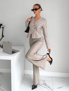 Siren Gaze 2 pièces Ensemble blouse asymétrique et pantalon pour femmes, tenue de bureau élégante, tenue d'enseignante femme, costume décontracté professionnel 2 pièces pour femmes - Nude - Voir 3