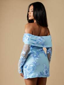 MISSGUIDED Floral Embroidered Bardot Mini Dress Off Shoulder Long Sheer Sleeves Formal Evening Party Wedding Guest Special Occasion Spring Summer - Baby Blue - View 2
