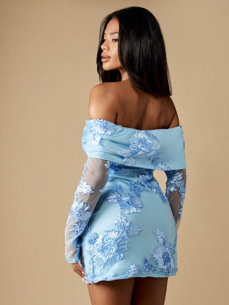 MISSGUIDED Floral Embroidered Bardot Mini Dress Off Shoulder Long Sheer Sleeves Formal Evening Party Wedding Guest Special Occasion Spring Summer