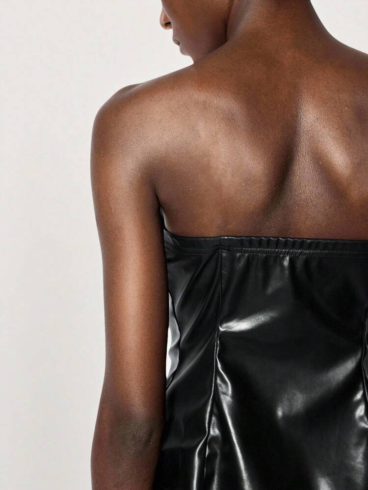 SHEIN Maija Women's Fashion Solid Color PU Leather Floral Metal Decor Slit Hem Tube Top Leather Corset Top Black Leather Top Leather Top Women Leather Tube Top Leather Tops