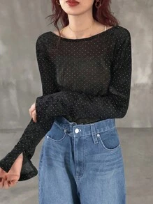 FRIFUL 女式黑色波尔卡圆点透明网眼长袖休闲T恤，适合秋季穿着 - 黑色 - 查看 6