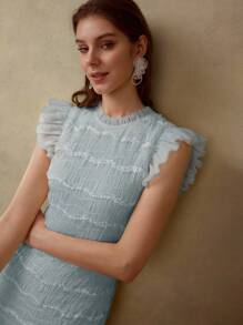 MOTF PREMIUM VESTIDO ROMÁNTICO PARA VACACIONES CON TELA FRUNCIDA Y CONTRASTE DE MALLA - Azul - Ver 6