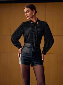 MOTF PREMIUM ALLOVER PRINT TIE NECK LANTERN SLEEVE BLOUSE - Black - View 6