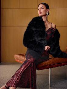 MOTF PREMIUM 长袖纽扣人造皮草大衣 - 黑色 - 查看 2