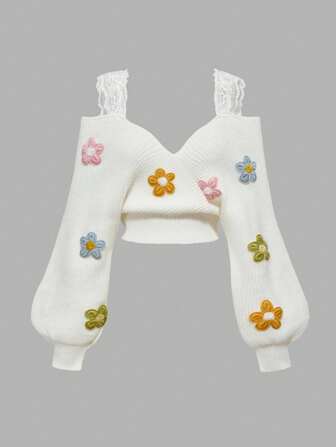Kawaii French Casual Sexy Lace Strap Deep V Off Shoulder 3D Floral Pullover Sweater