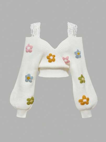 Kawaii pull sexy décontracté à bretelles en dentelle, décolleté plongeant et épaules dénudées avec motif floral 3D