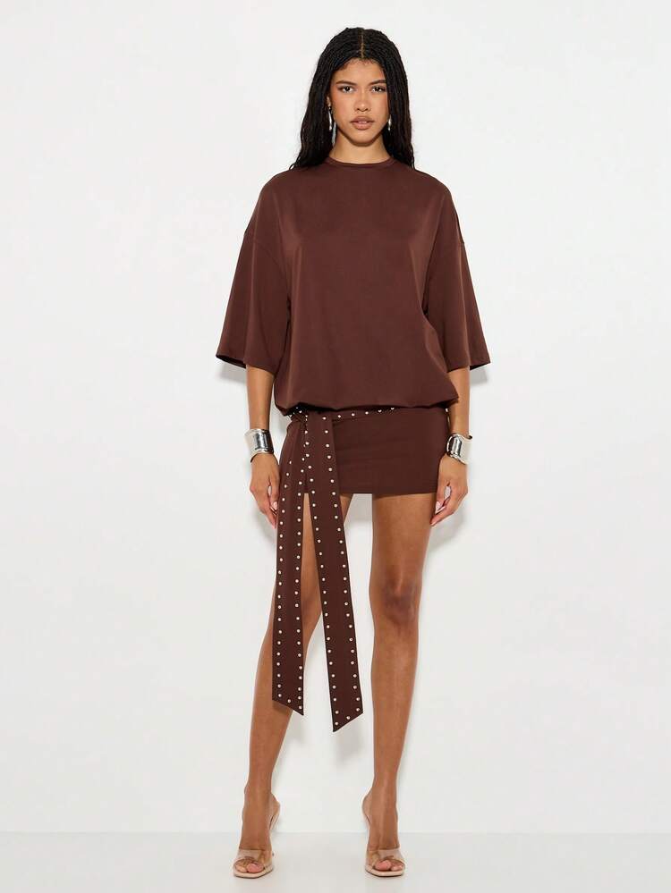 KIZN Oversized T Shirt Dress With Studded Belt
