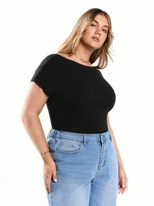 Solavibe Women's Plus Size Black Knitted Skin-Friendly Comfortable Daily All-Match Casual Sporty Sexy Backless Short Sleeve Solid Color Non-Removable Padded Convenient One-Piece T-Shirt Bodysuit, Summer