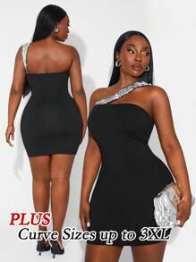 SHEIN SXY Plus Size Black Summer Girlism Night Out Club Elegant Party Sequin Embellished Fitted Mini Bodycon Dress,Slim-Fit,Suitable For Banquet,Cocktail,Prom - Black - View 2
