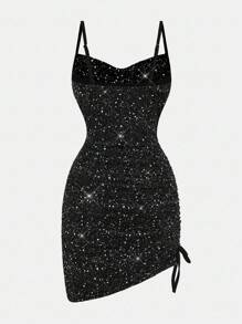 SHEIN Girlism Teen Girls Black Knit Metallic Foil Spaghetti Strap Waist Ruched Snug Fit Mini Party Dress Sparkle Dress Party Outfit Girls Teen Party Outfit Cute Black Dress Black Glitter Dress - Black - View 2