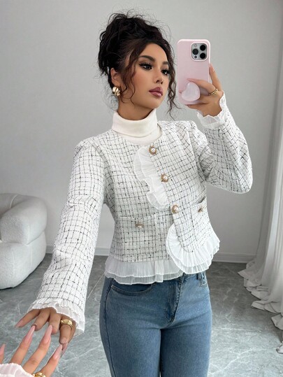 Elenzga Women's Lace Patchwork Crew Neck Long Sleeve Sweater