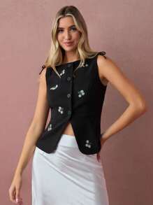 Enchnt Women's Black Floral Embroidered Bowknot Top,Elegant Sleeveless Single-Breasted Summer Tea Party Vest For Vacation,Wedding Guest& Fall Tops - Black - View 4