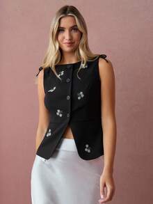 Enchnt Women's Black Floral Embroidered Bowknot Top,Elegant Sleeveless Single-Breasted Summer Tea Party Vest For Vacation,Wedding Guest& Fall Tops - Black - View 5