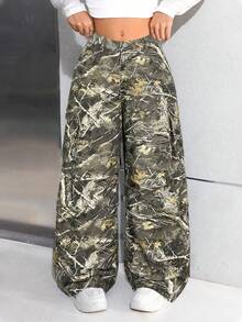 SHEIN Quần jean ống rộng dáng rộng in họa tiết cành cây và họa tiết rằn ri cho bé gái tuổi teen - xanh quân đội - Xem 6