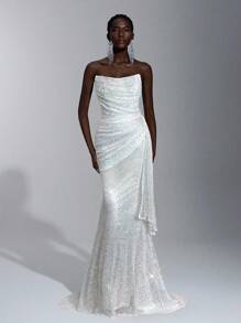 Elitara Cổ áo xếp nếp đính sequin trang nhã, đính đá 3D có thể tháo rời, xếp nếp bên hông, thích hợp cho những dịp trang trọng, đám cưới, tiệc tùng, lễ tốt nghiệp, vũ hội - trắng - Xem 1