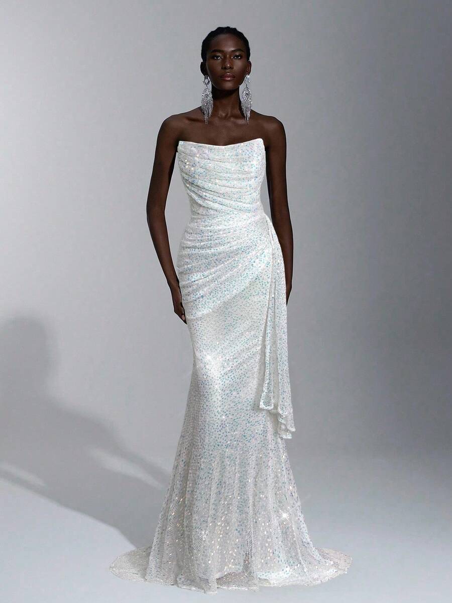 Elitara Cổ áo xếp nếp đính sequin trang nhã, đính đá 3D có thể tháo rời, xếp nếp bên hông, thích hợp cho những dịp trang trọng, đám cưới, tiệc tùng, lễ tốt nghiệp, vũ hội - trắng - Xem 1