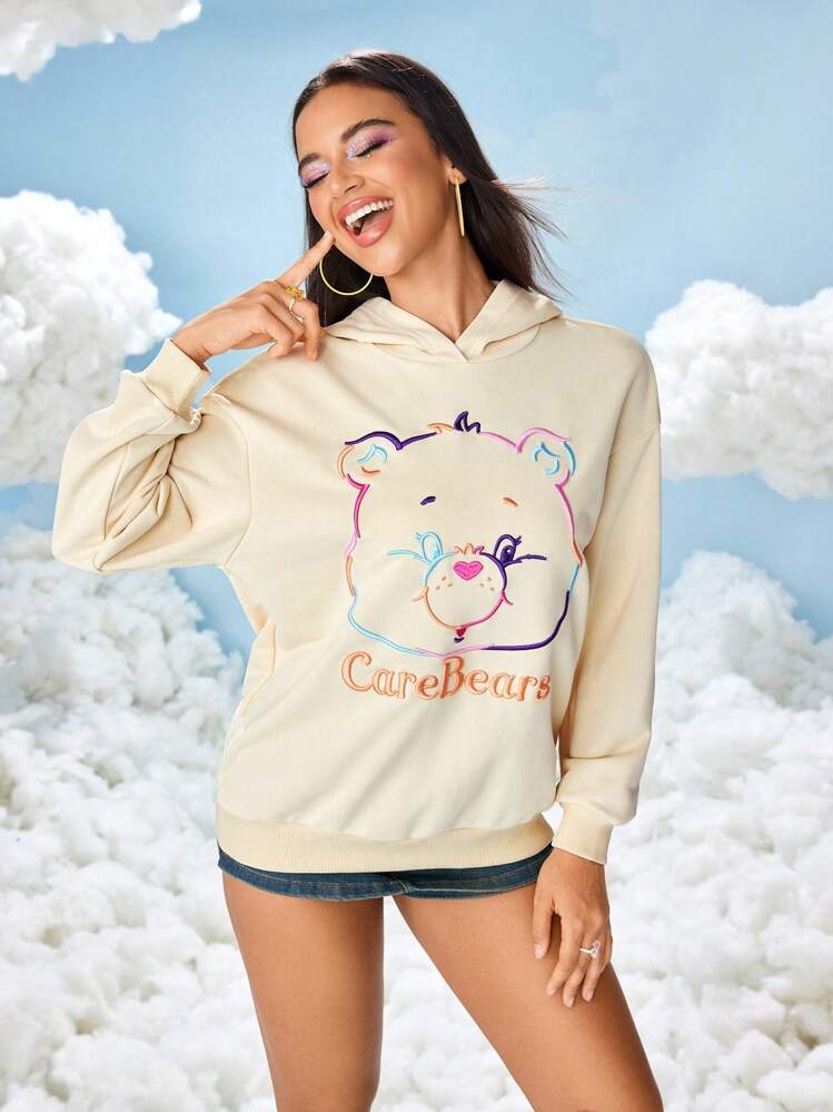 SHEIN X Care Bears 女士休闲日常熊刺绣连帽衫 - 白色 - 查看 1