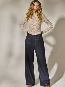 Aralina Summer Fall Winter Y2K Western Stockholm Style Indigo Denim Patch Pocket Flare Leg Country Concert Jeans - Dark Wash - View 4