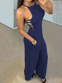INAWLY Mono informal de mujer con tirantes de espagueti, espalda descubierta y pantalones de pierna ancha - azul real - Ver 4