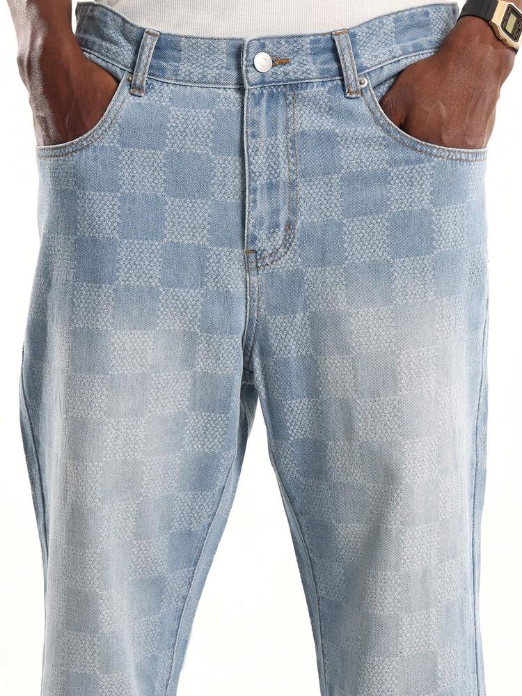 Checkerboard Pattern Wide Leg Denim Jeans With All Over Print