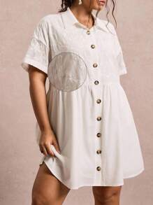 SHEIN VCAY Plus Size Casual Solid Color Floral Embroidery Patchwork Front Button Dress Plus Size White Dress White Button Up Dress Autumn Clothes - White - View 2