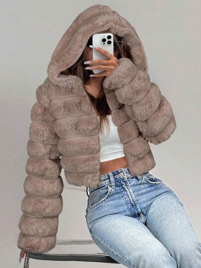 SHEIN EZwear Women's Fashionable Camel Fluffy Hooded Short Faux Fur Jacket, Autumn/Winter,Fall
