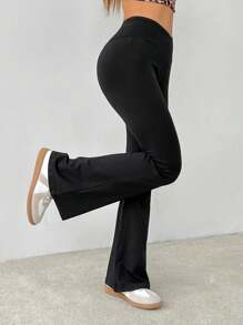 SHEIN PETITE Simple Solid Color Wrap High Waist Flared Pants - Black - View 3