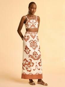 CAJUNI Chân váy chữ A dáng đứng in họa tiết Bohemian màu nâu đế màu mơ dành cho nữ, thích hợp cho kỳ nghỉ, bãi biển, hẹn hò, ngày lễ - Nhiều màu - Xem 8