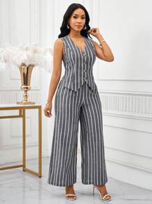 SHEIN Lady 2025 新款撞色条纹面料女士优雅无袖背心和裤子套装，商务通勤风格，夏季女士两件套服装女士两件套服装，女士工作服条纹两件套2件套女士休闲 - 灰色 - 查看 6