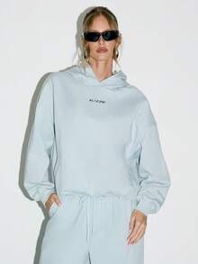 KIZN 女士舒适棉混纺加大码抽绳连帽衫家居服套头衫连帽运动衫宽松版型冬秋季休闲街头服饰上衣 - 霧霾藍 - 查看 4