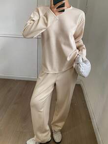 DAZY Women's Casual Solid Color Round Neck Top And 3/4 Pants 2 Pieces Set, Autumn,Fall Women Clothes Tracksuits Women Set Lounge Sets For Women - Apricot - View 3
