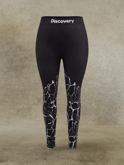 Discovery X SHEIN Plus Size High Waist Geometric & Letter Graphic Leggings Leggings Women Discovery Leggings Black Leggings Printed Leggings Workout Leggings Fall Women Clothes Outdoor Clothings Winter Clothes Fall Outfits