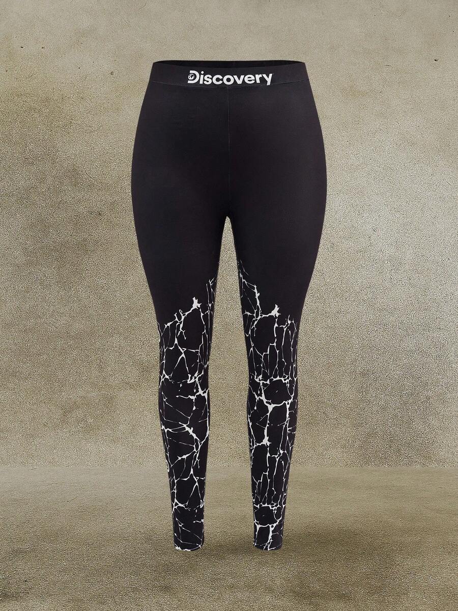 Discovery X SHEIN Plus Size High Waist Geometric & Letter Graphic Leggings Leggings Women Discovery Leggings Black Leggings Printed Leggings Workout Leggings Fall Women Clothes Outdoor Clothings Winter Clothes Fall Outfits - Black - View 1